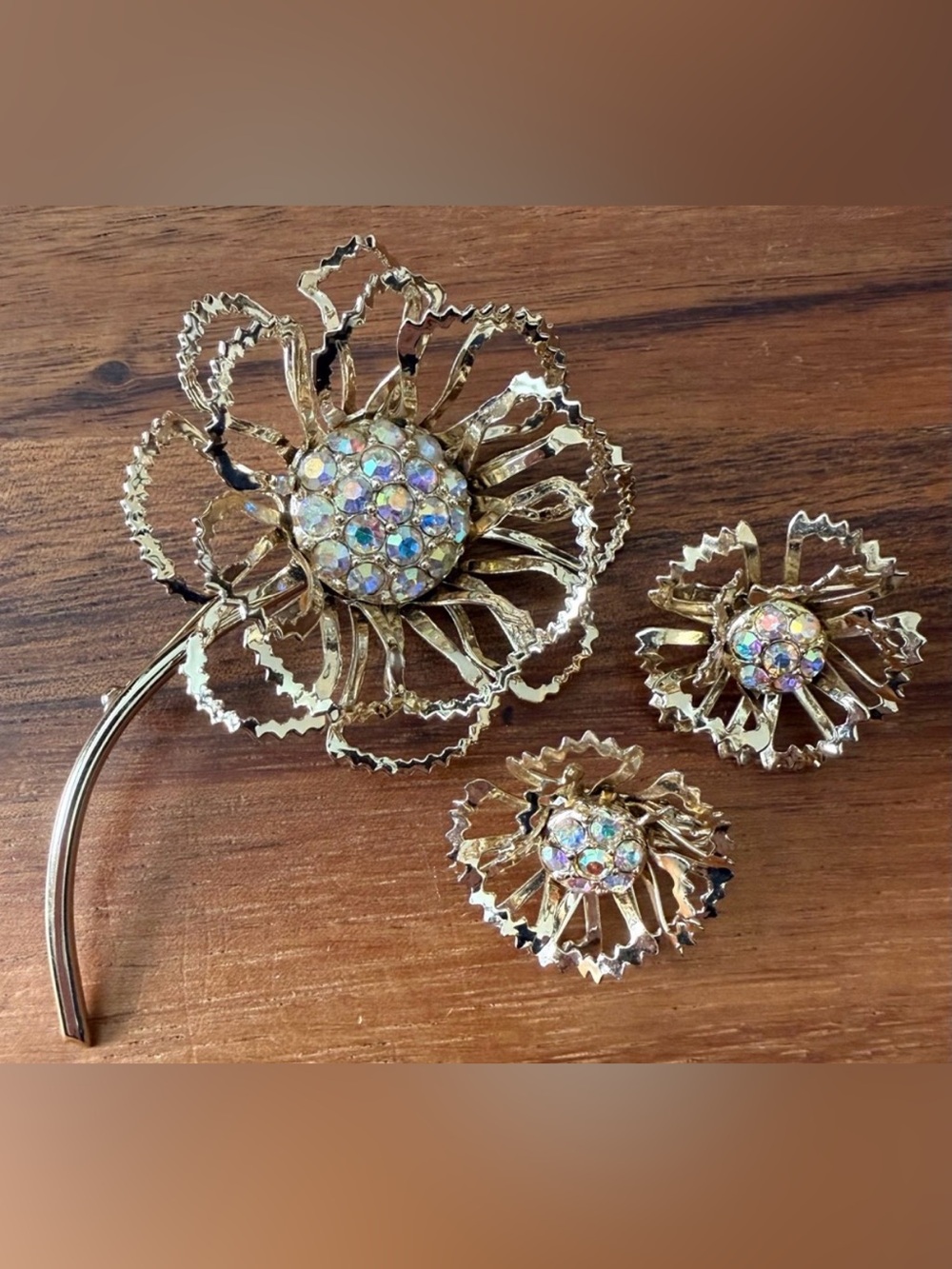 Sarah Coventry Allusion Gold Tone Iridescent Brooch Set AB Clip Floral Earrings